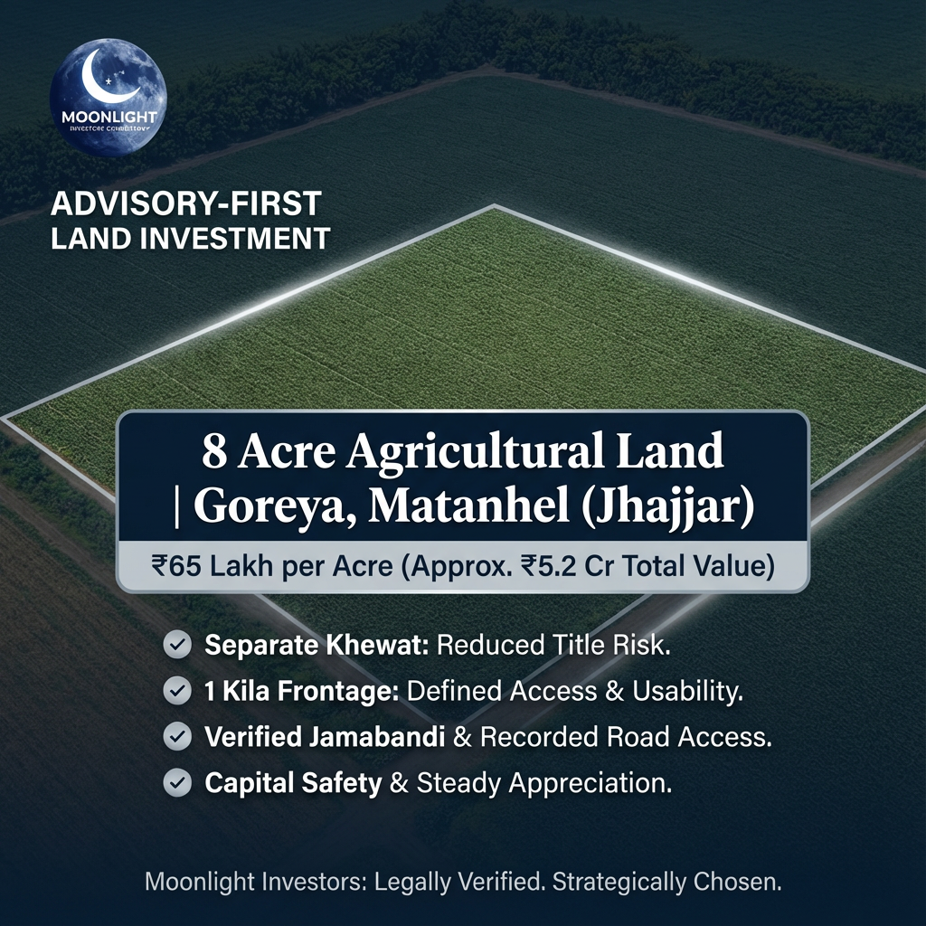 8 Acre Agricultural Land | Goreya, Matanhel (Jhajjar) | ₹65 Lakh per Acre | Separate Khewat | 1 Kila Frontage
